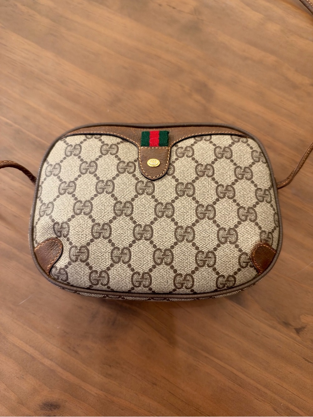 Gucci Sherry Line Beige Brown GG Canvas Crossbody with Red-Green Web